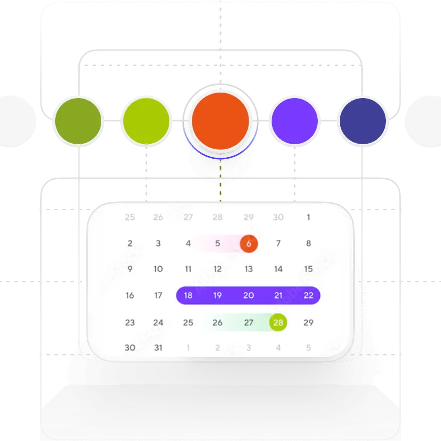 A calendar month featuring dates highlighted in Orange, Purple and Green